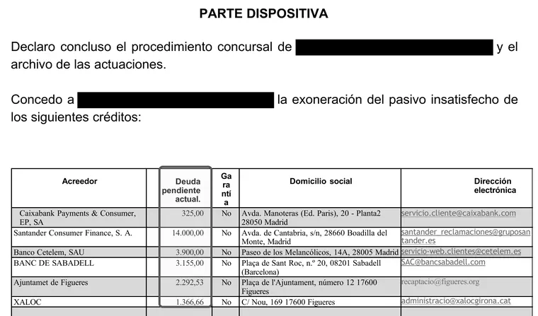 Auto d'exoneració del passiu insatisfet amb les dades personals censurades i els imports cancel·lats visibles.