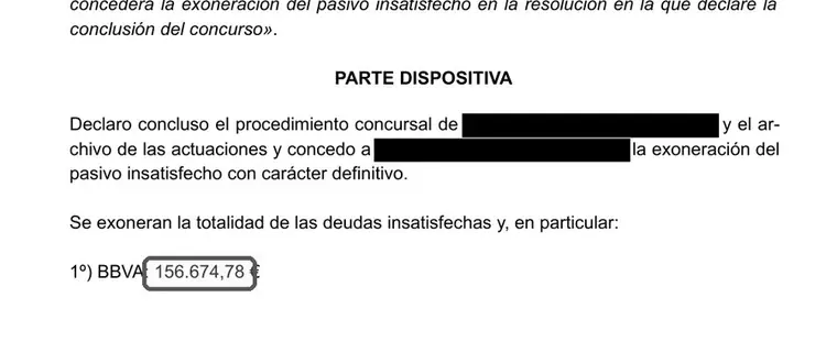 Auto d'exoneració. La resolució allibera un deute de 156.674,78 € amb el BBVA, amb les dades personals censurades.
